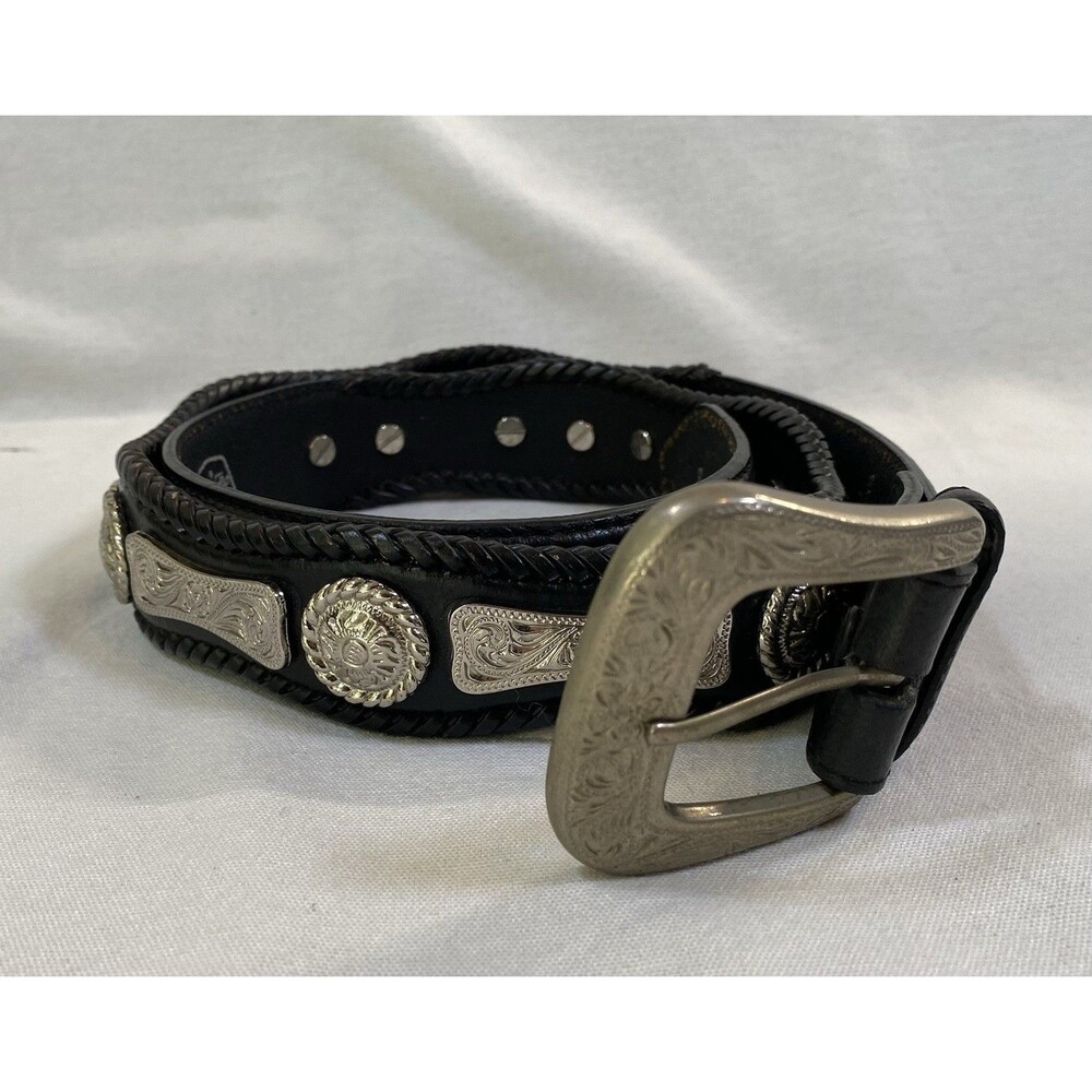 Larry Mahan Black Western Belt Sz 38 Leather Removable Silver Buckle Vintage